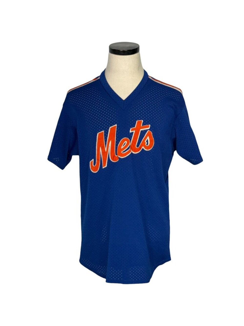 Vintage 80s Majestic New York Mets Blue Mesh Jersey Striped Sleeves Stitched